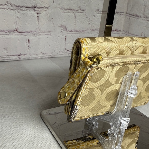 Coach Madison Op Art Sateen Python Embossed Leather Trim Gold Bifold Wallet - Picture 7 of 16